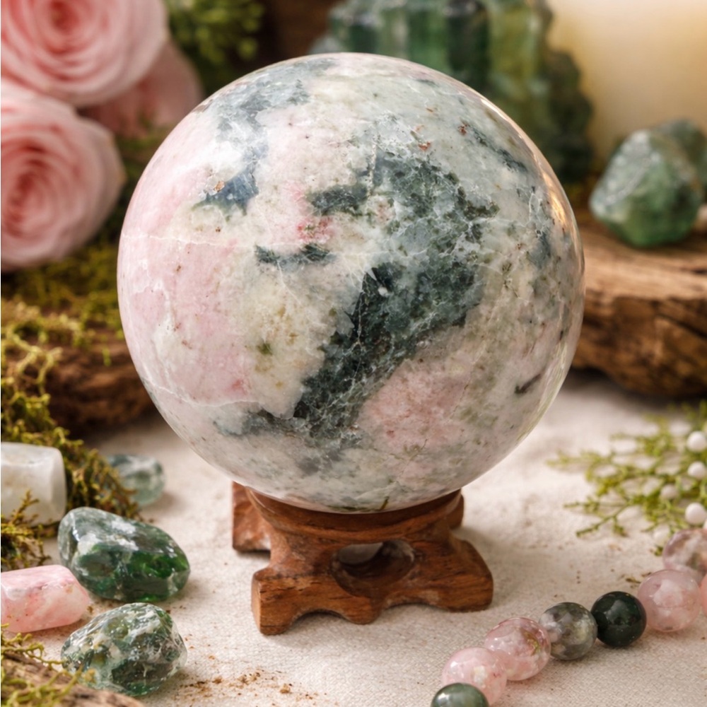 Natural Pink Opal & Green Tourmaline Crystal Ball Positive Energy Sphere 302g